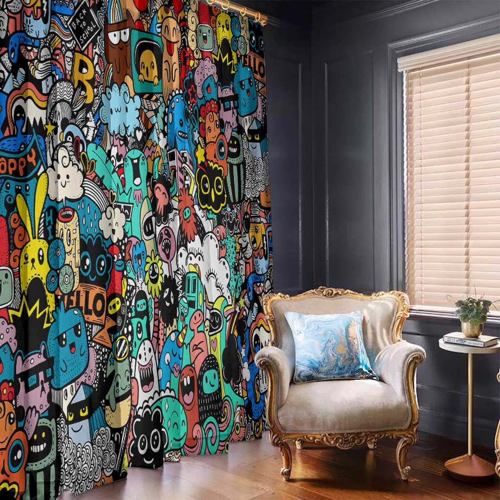 Happy Doodle Monsters Sticker Bomb Window Curtain Funny Graffiti Style Cartoon