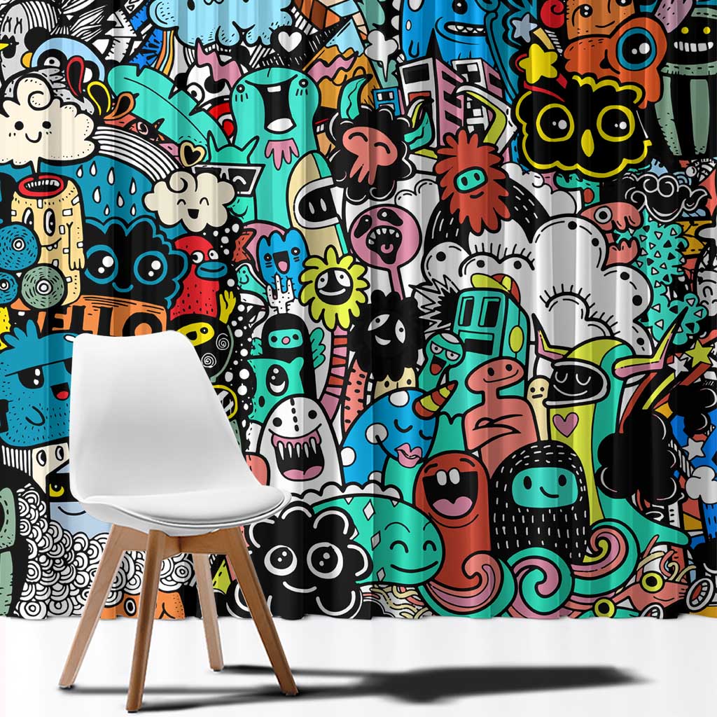 Happy Doodle Monsters Sticker Bomb Window Curtain Funny Graffiti Style Cartoon
