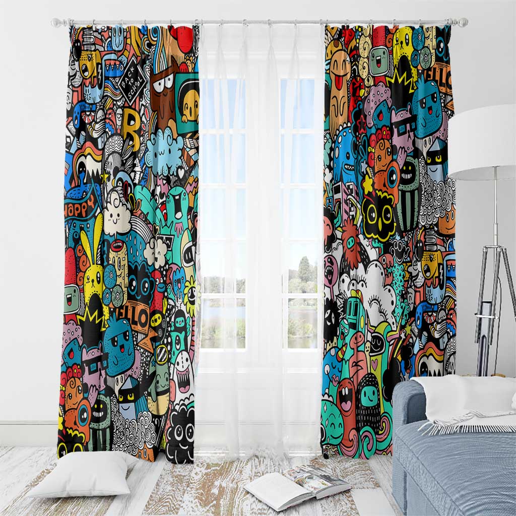 Happy Doodle Monsters Sticker Bomb Window Curtain Funny Graffiti Style Cartoon
