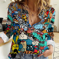 Happy Doodle Monsters Sticker Bomb Women Casual Shirt Funny Graffiti Style Cartoon