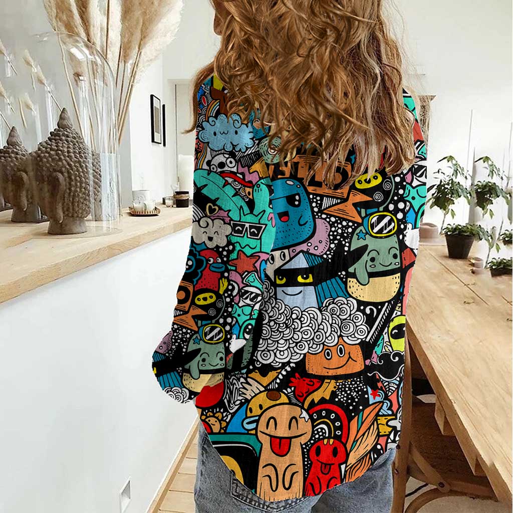 Happy Doodle Monsters Sticker Bomb Women Casual Shirt Funny Graffiti Style Cartoon