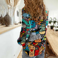 Happy Doodle Monsters Sticker Bomb Women Casual Shirt Funny Graffiti Style Cartoon