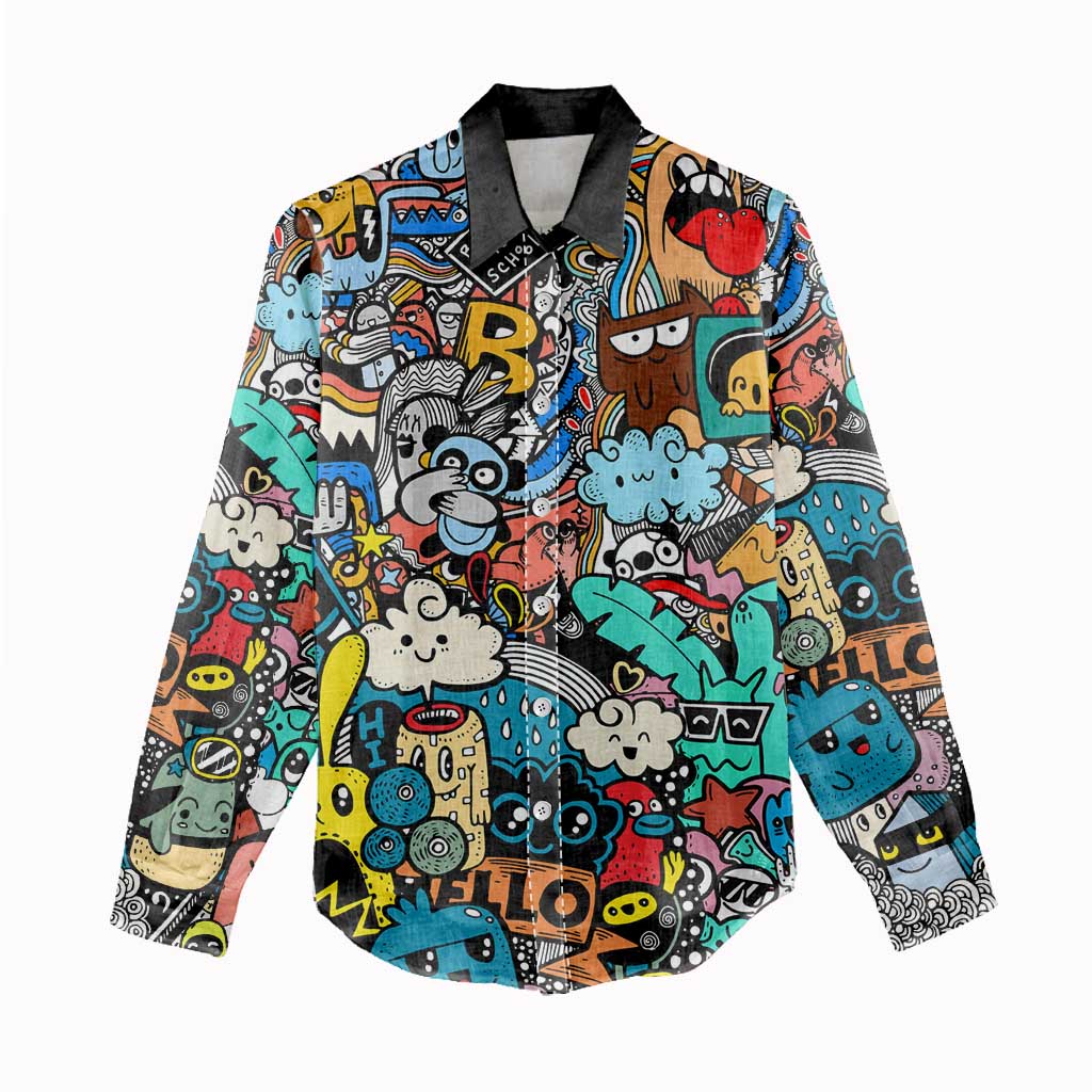 Happy Doodle Monsters Sticker Bomb Women Casual Shirt Funny Graffiti Style Cartoon