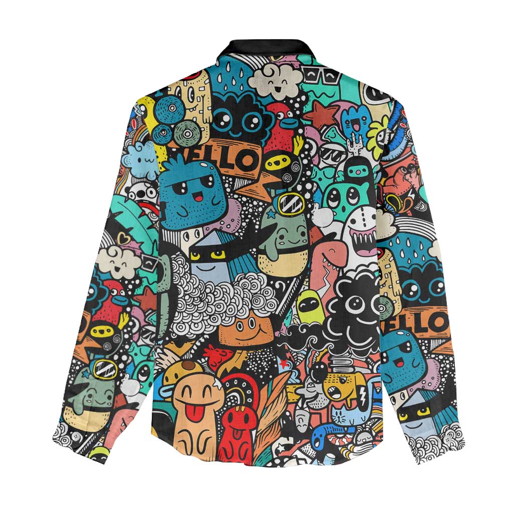 Happy Doodle Monsters Sticker Bomb Women Casual Shirt Funny Graffiti Style Cartoon