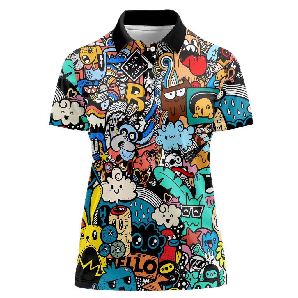Happy Doodle Monsters Sticker Bomb Women Polo Shirt Funny Graffiti Style Cartoon