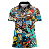 Happy Doodle Monsters Sticker Bomb Women Polo Shirt Funny Graffiti Style Cartoon