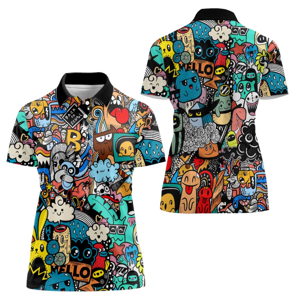 Happy Doodle Monsters Sticker Bomb Women Polo Shirt Funny Graffiti Style Cartoon