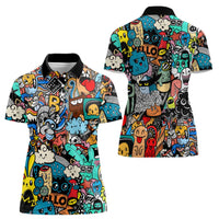 Happy Doodle Monsters Sticker Bomb Women Polo Shirt Funny Graffiti Style Cartoon
