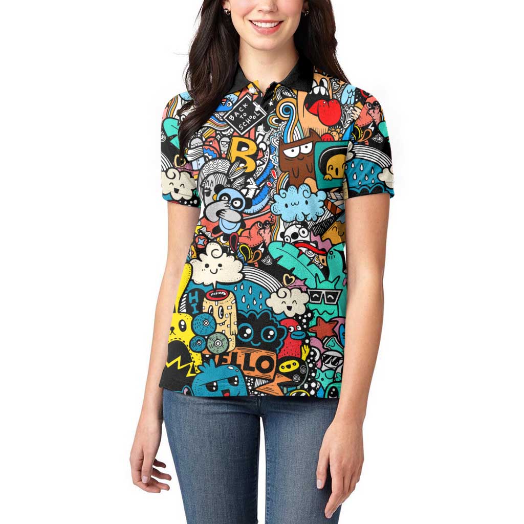 Happy Doodle Monsters Sticker Bomb Women Polo Shirt Funny Graffiti Style Cartoon