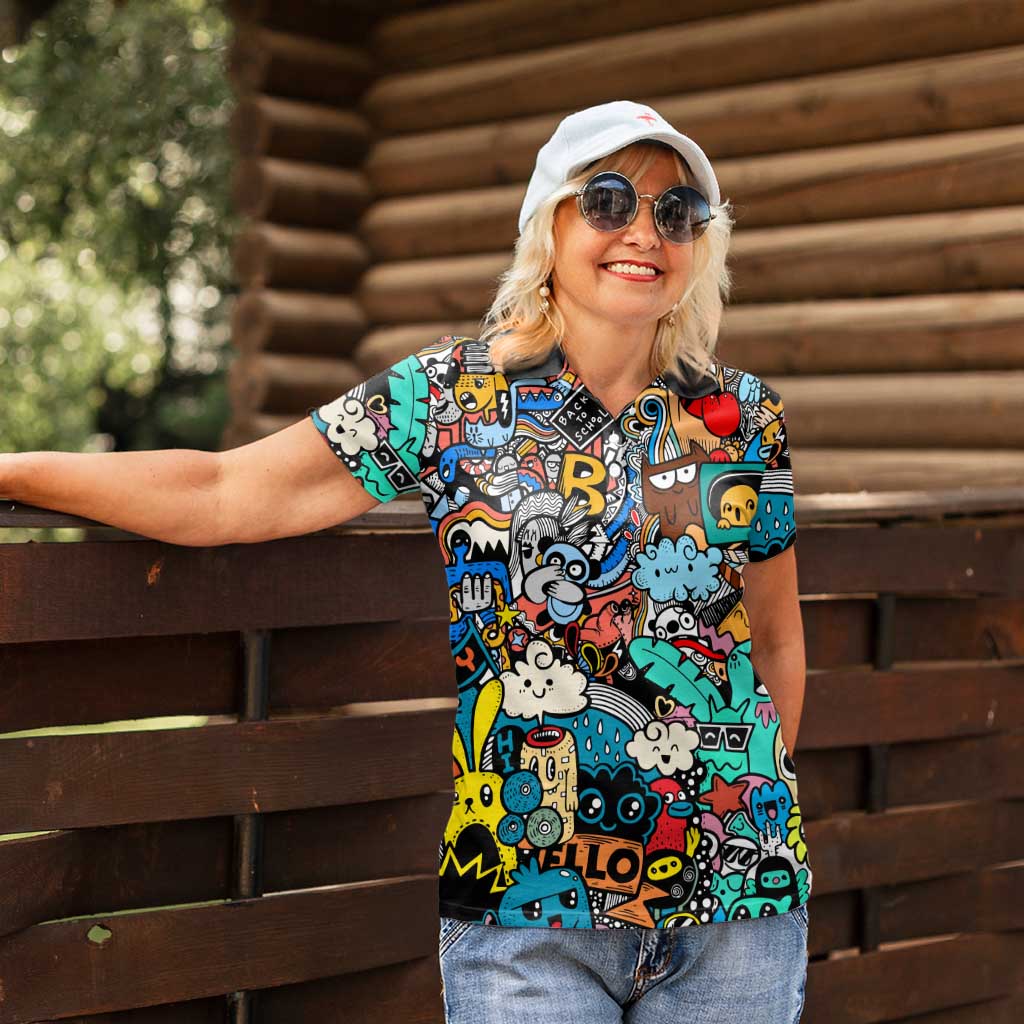 Happy Doodle Monsters Sticker Bomb Women Polo Shirt Funny Graffiti Style Cartoon