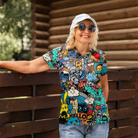 Happy Doodle Monsters Sticker Bomb Women Polo Shirt Funny Graffiti Style Cartoon