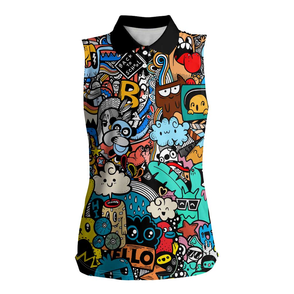 Happy Doodle Monsters Sticker Bomb Women Sleeveless Polo Shirt Funny Graffiti Style Cartoon