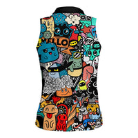 Happy Doodle Monsters Sticker Bomb Women Sleeveless Polo Shirt Funny Graffiti Style Cartoon