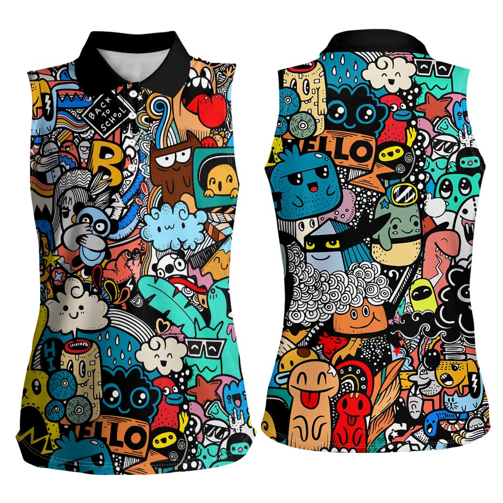 Happy Doodle Monsters Sticker Bomb Women Sleeveless Polo Shirt Funny Graffiti Style Cartoon