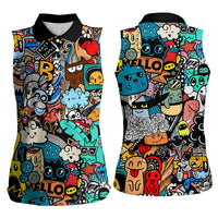 Happy Doodle Monsters Sticker Bomb Women Sleeveless Polo Shirt Funny Graffiti Style Cartoon