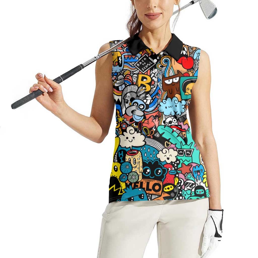 Happy Doodle Monsters Sticker Bomb Women Sleeveless Polo Shirt Funny Graffiti Style Cartoon