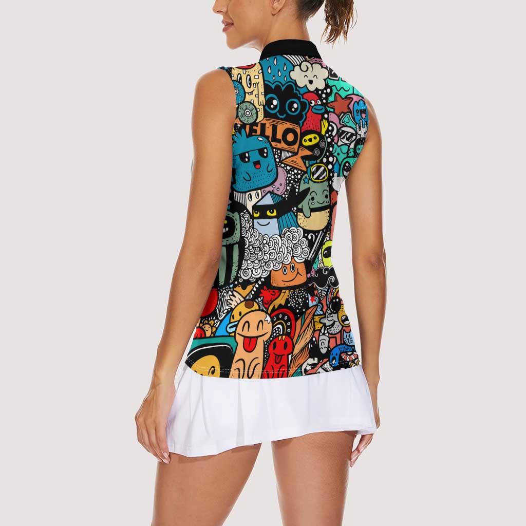 Happy Doodle Monsters Sticker Bomb Women Sleeveless Polo Shirt Funny Graffiti Style Cartoon