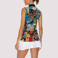 Happy Doodle Monsters Sticker Bomb Women Sleeveless Polo Shirt Funny Graffiti Style Cartoon