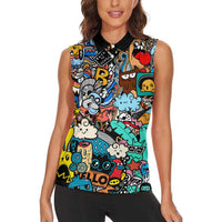 Happy Doodle Monsters Sticker Bomb Women Sleeveless Polo Shirt Funny Graffiti Style Cartoon