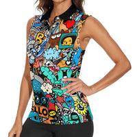 Happy Doodle Monsters Sticker Bomb Women Sleeveless Polo Shirt Funny Graffiti Style Cartoon