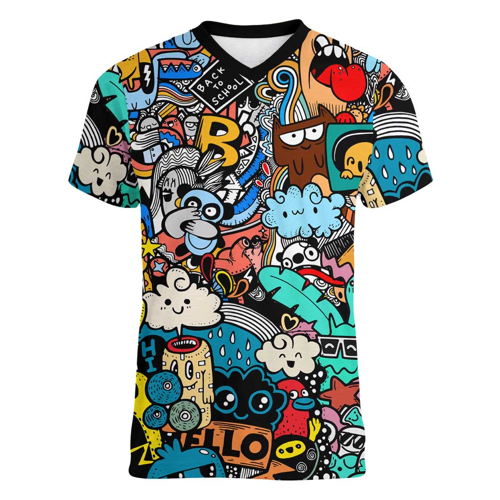 Happy Doodle Monsters Sticker Bomb Women V-Neck T-Shirt Funny Graffiti Style Cartoon