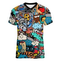 Happy Doodle Monsters Sticker Bomb Women V-Neck T-Shirt Funny Graffiti Style Cartoon