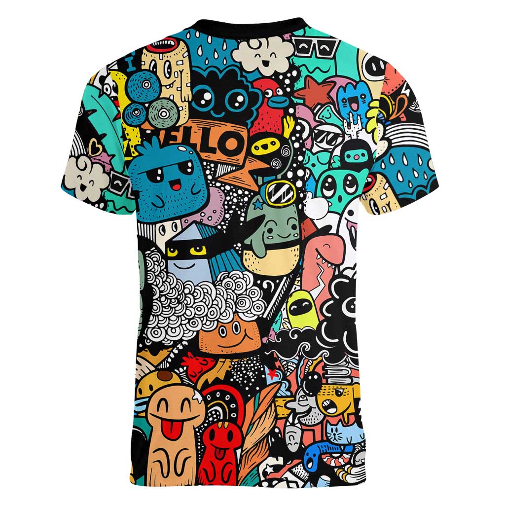 Happy Doodle Monsters Sticker Bomb Women V-Neck T-Shirt Funny Graffiti Style Cartoon