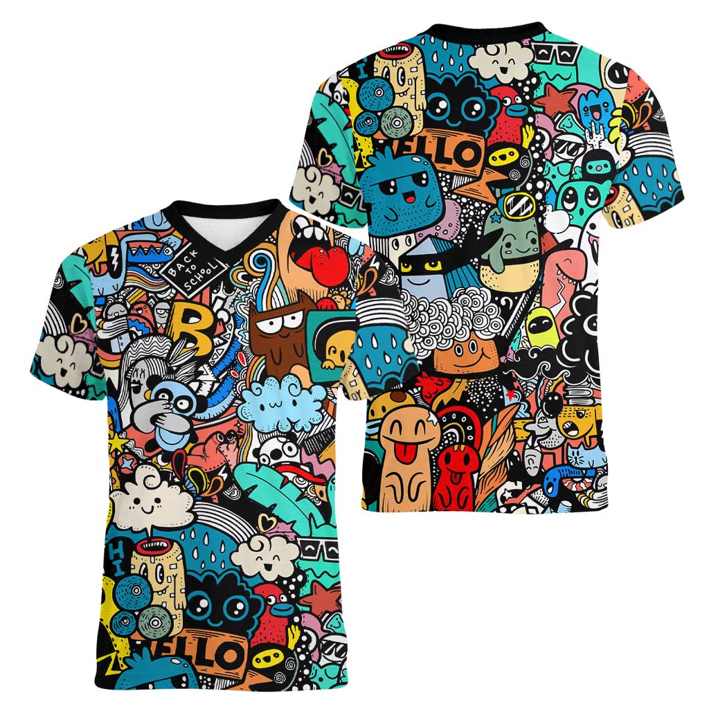 Happy Doodle Monsters Sticker Bomb Women V-Neck T-Shirt Funny Graffiti Style Cartoon