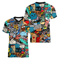 Happy Doodle Monsters Sticker Bomb Women V-Neck T-Shirt Funny Graffiti Style Cartoon