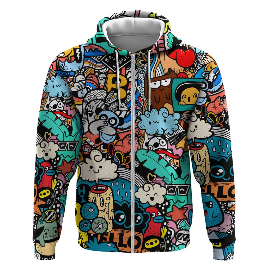 Happy Doodle Monsters Sticker Bomb Zip Hoodie Funny Graffiti Style Cartoon