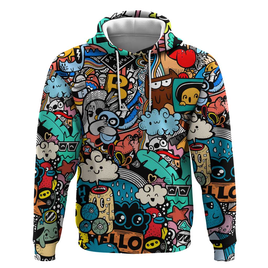 Happy Doodle Monsters Sticker Bomb Zip Hoodie Funny Graffiti Style Cartoon