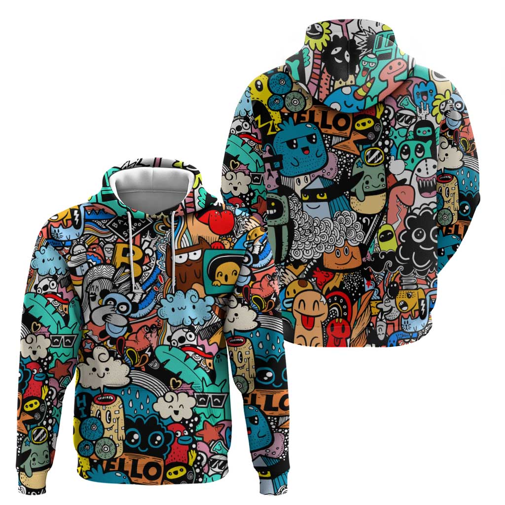 Happy Doodle Monsters Sticker Bomb Zip Hoodie Funny Graffiti Style Cartoon