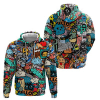 Happy Doodle Monsters Sticker Bomb Zip Hoodie Funny Graffiti Style Cartoon