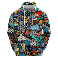 Happy Doodle Monsters Sticker Bomb Zip Hoodie Funny Graffiti Style Cartoon