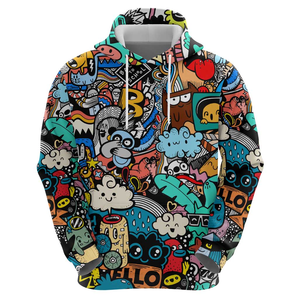 Happy Doodle Monsters Sticker Bomb Zip Hoodie Funny Graffiti Style Cartoon