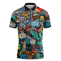 Happy Doodle Monsters Sticker Bomb Zipper Polo Shirt Funny Graffiti Style Cartoon