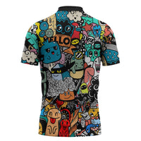Happy Doodle Monsters Sticker Bomb Zipper Polo Shirt Funny Graffiti Style Cartoon