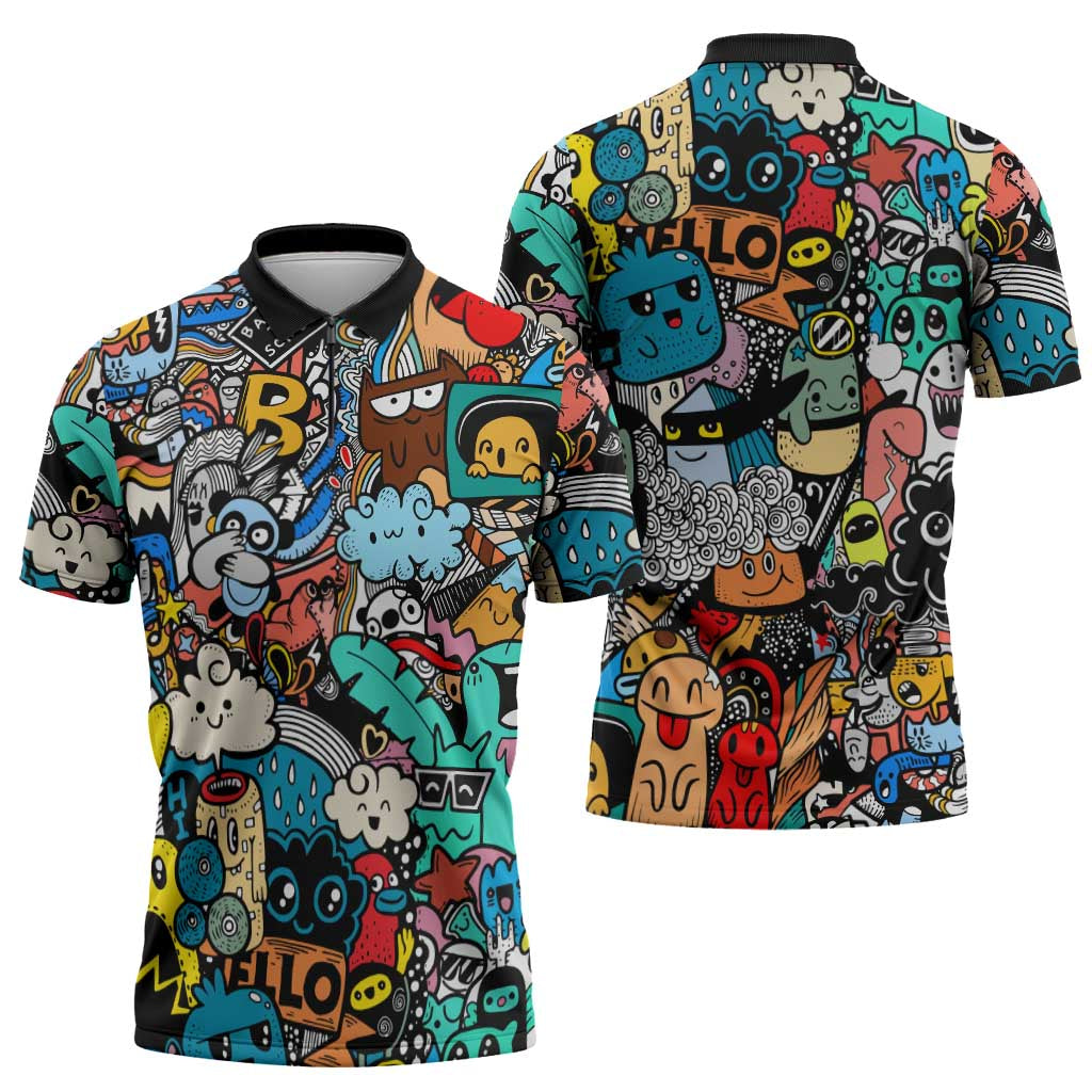Happy Doodle Monsters Sticker Bomb Zipper Polo Shirt Funny Graffiti Style Cartoon