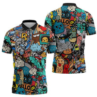 Happy Doodle Monsters Sticker Bomb Zipper Polo Shirt Funny Graffiti Style Cartoon