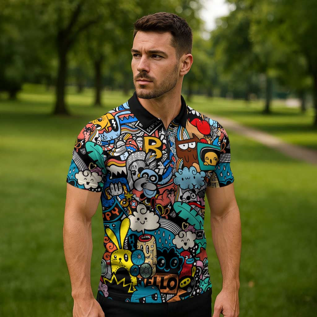 Happy Doodle Monsters Sticker Bomb Zipper Polo Shirt Funny Graffiti Style Cartoon