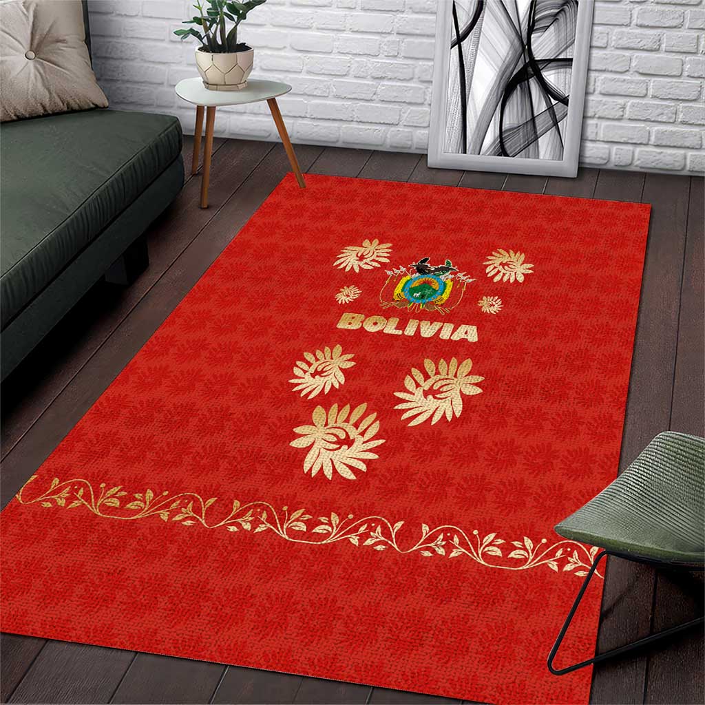Bolivia National Emblem Area Rug with Floral Pattern and Red Folk Design