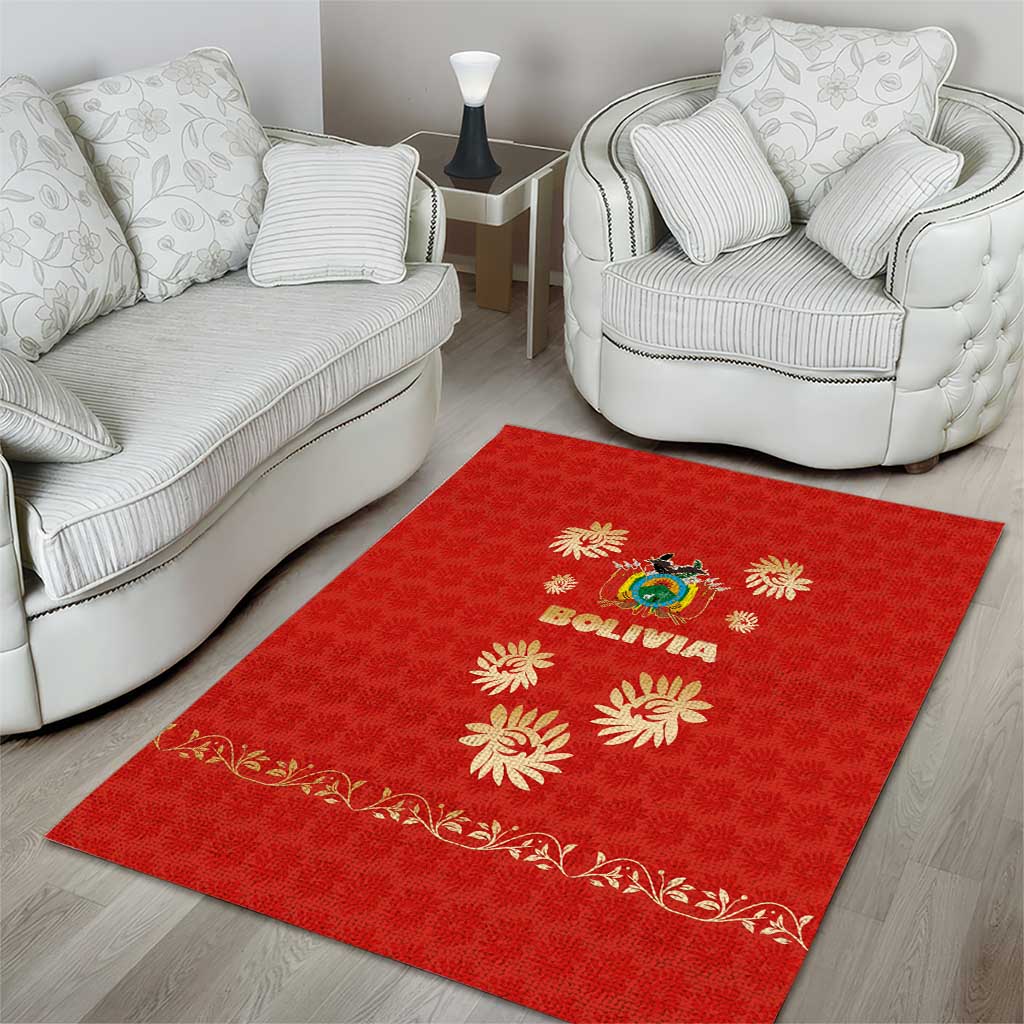 Bolivia National Emblem Area Rug with Floral Pattern and Red Folk Design