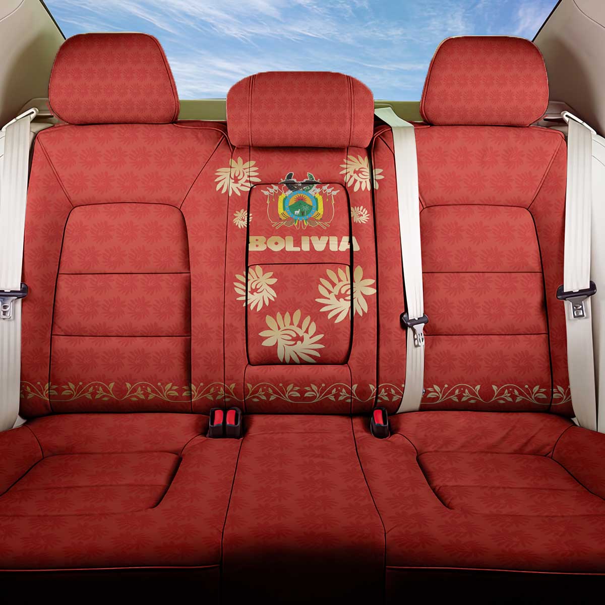 Bolivia National Emblem Back Car Seat Cover with Floral Pattern and Red Folk Design