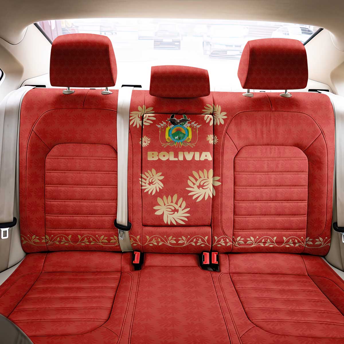 Bolivia National Emblem Back Car Seat Cover with Floral Pattern and Red Folk Design