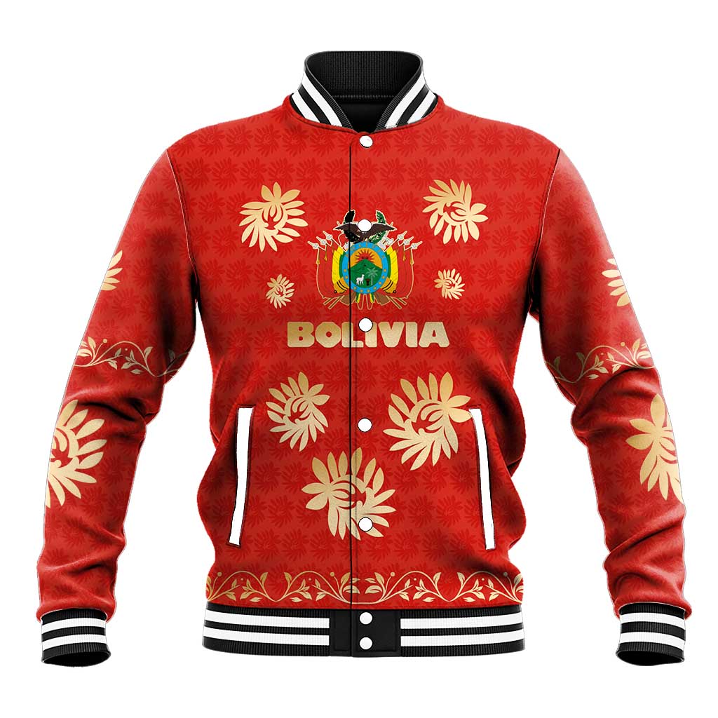 Bolivia National Emblem Baseball Jacket with Floral Pattern and Red Folk Design