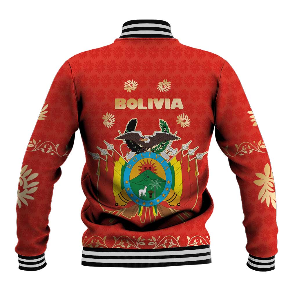 Bolivia National Emblem Baseball Jacket with Floral Pattern and Red Folk Design