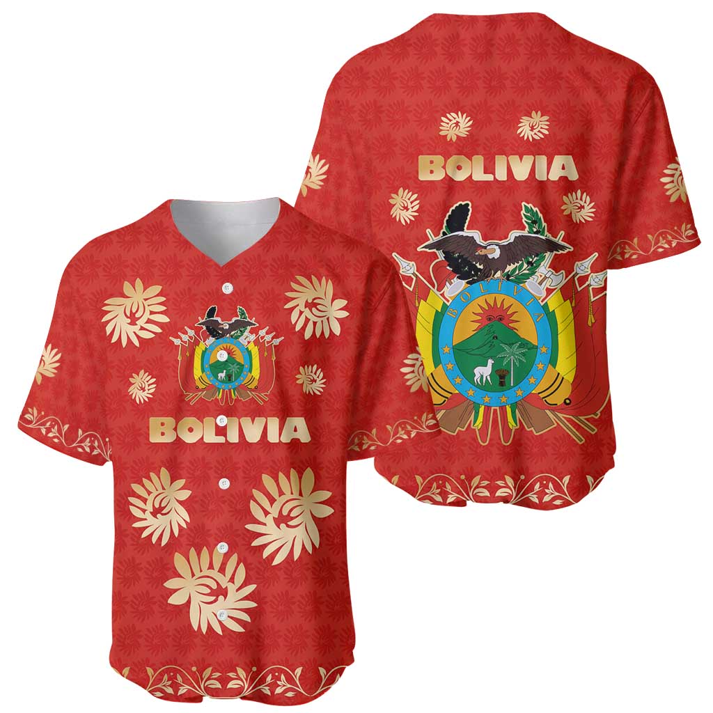 Bolivia National Emblem Baseball Jersey with Floral Pattern and Red Folk Design