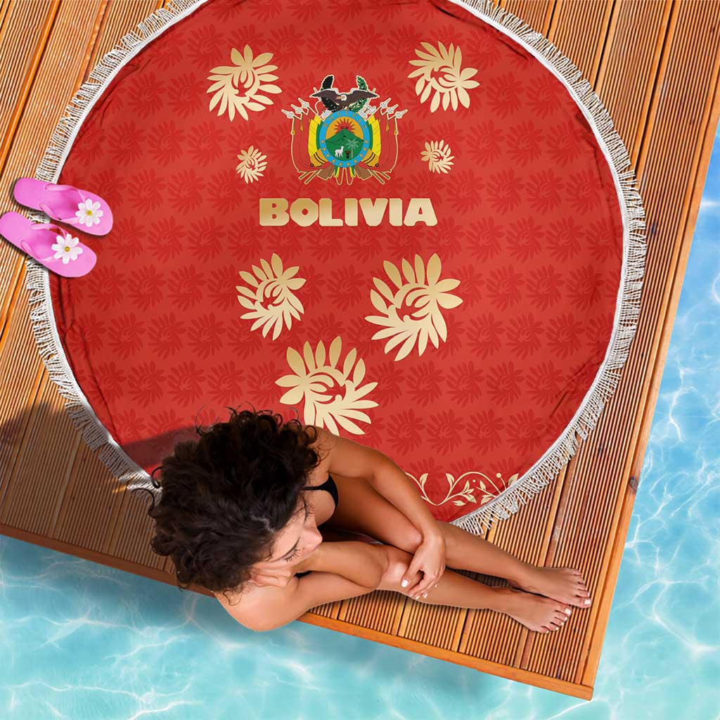 Bolivia National Emblem Beach Blanket with Floral Pattern and Red Folk Design