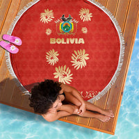 Bolivia National Emblem Beach Blanket with Floral Pattern and Red Folk Design