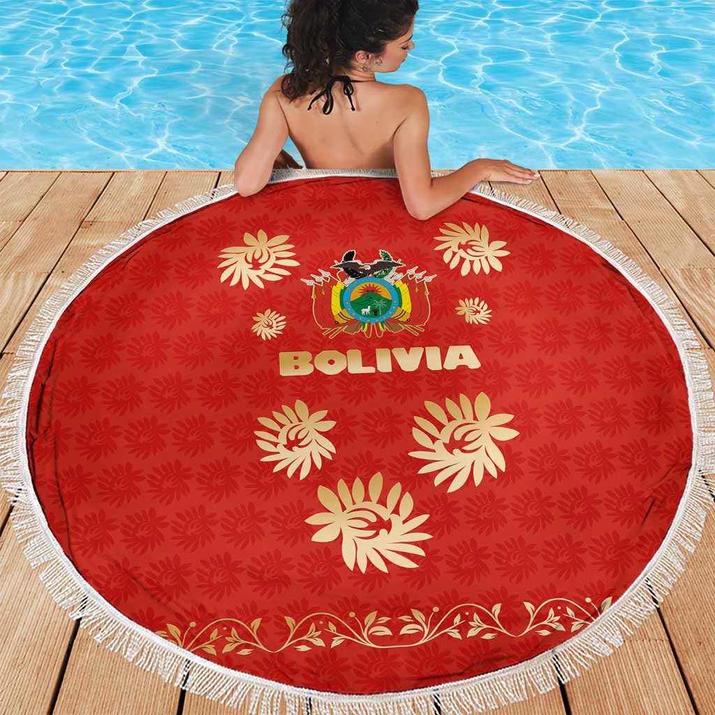 Bolivia National Emblem Beach Blanket with Floral Pattern and Red Folk Design